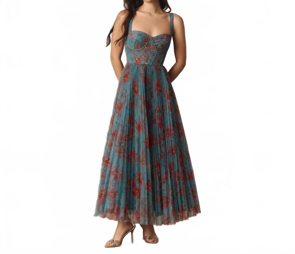 NEW HUTCH women's macclare floral pleated maxi gown in teal rust
